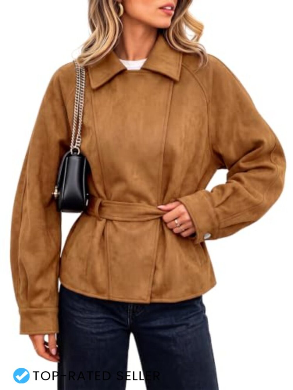 Faux Suede Cropped Trench Coat Lapel Collar Double Breasted Casual Jacket